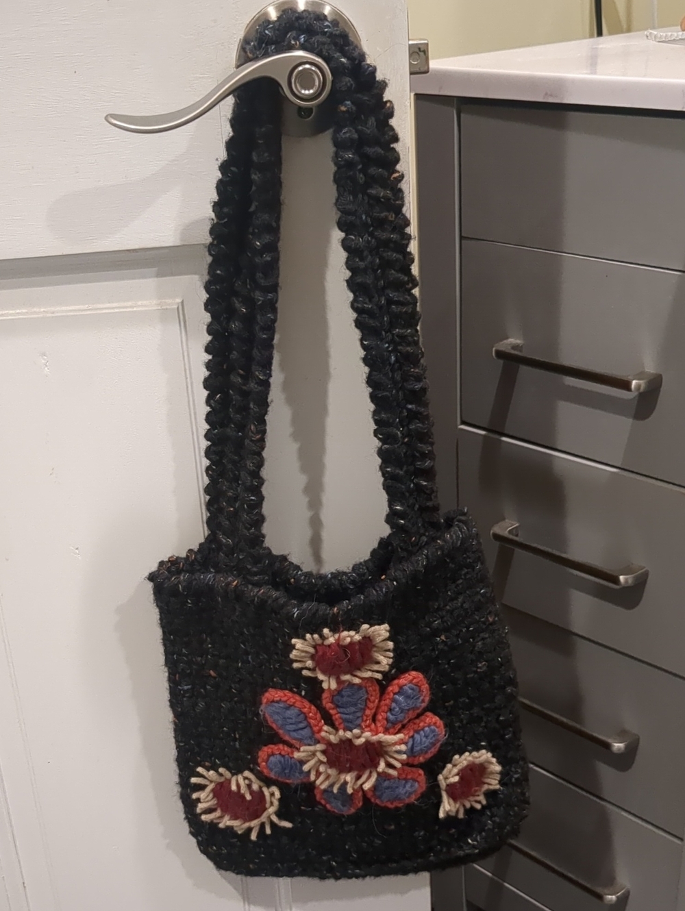 Vintage Black Knit Boho Handbag With Pastel Floral Rosette Appliques